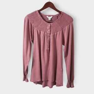 Sundance Linen Smocked Bishop Sleeve Henley Top Mauve Pink Small Western Casual